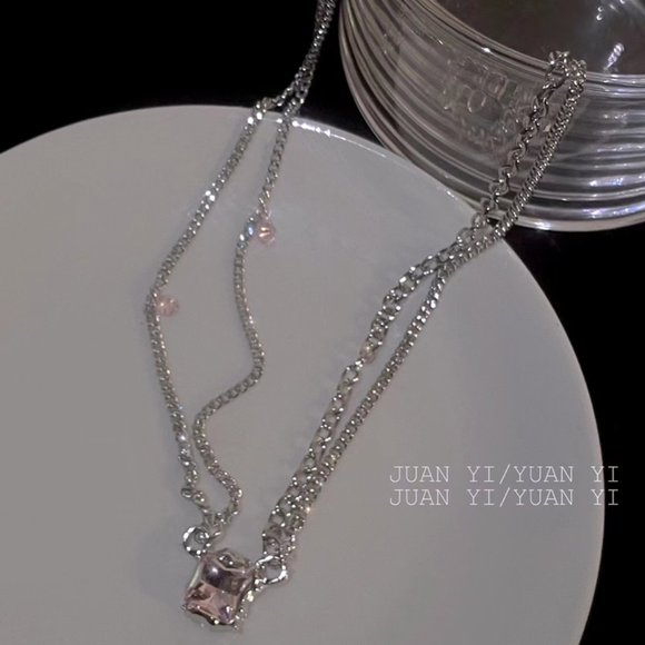 Double stacked square pink zircon necklace - Picture 5 of 13